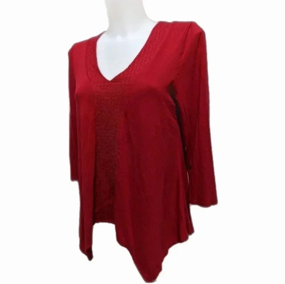 Adrianna Papell Red V-Neck 3/4 Sleeve Asymmetrical Hem Blouse Top Size S - Picture 1 of 6